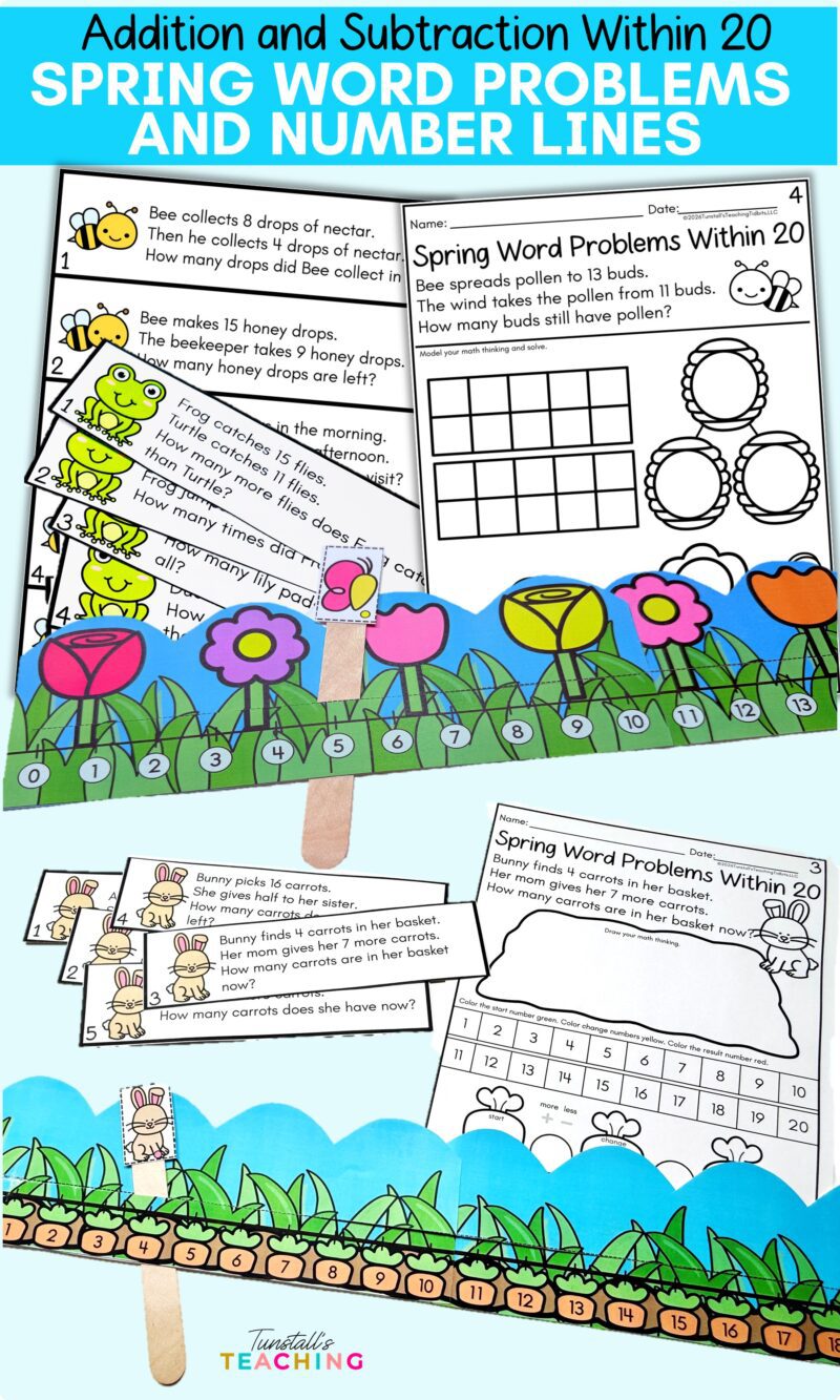 Spring addition and subtraction within 20 word problem worksheets and interactive number lines for math centers