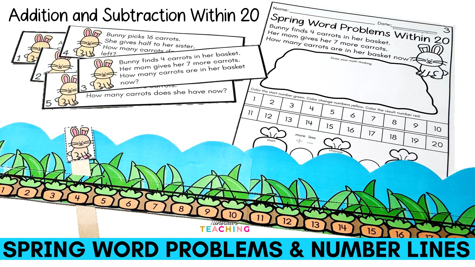 Spring word problems and number lines for addition and subtraction within 20 math centers