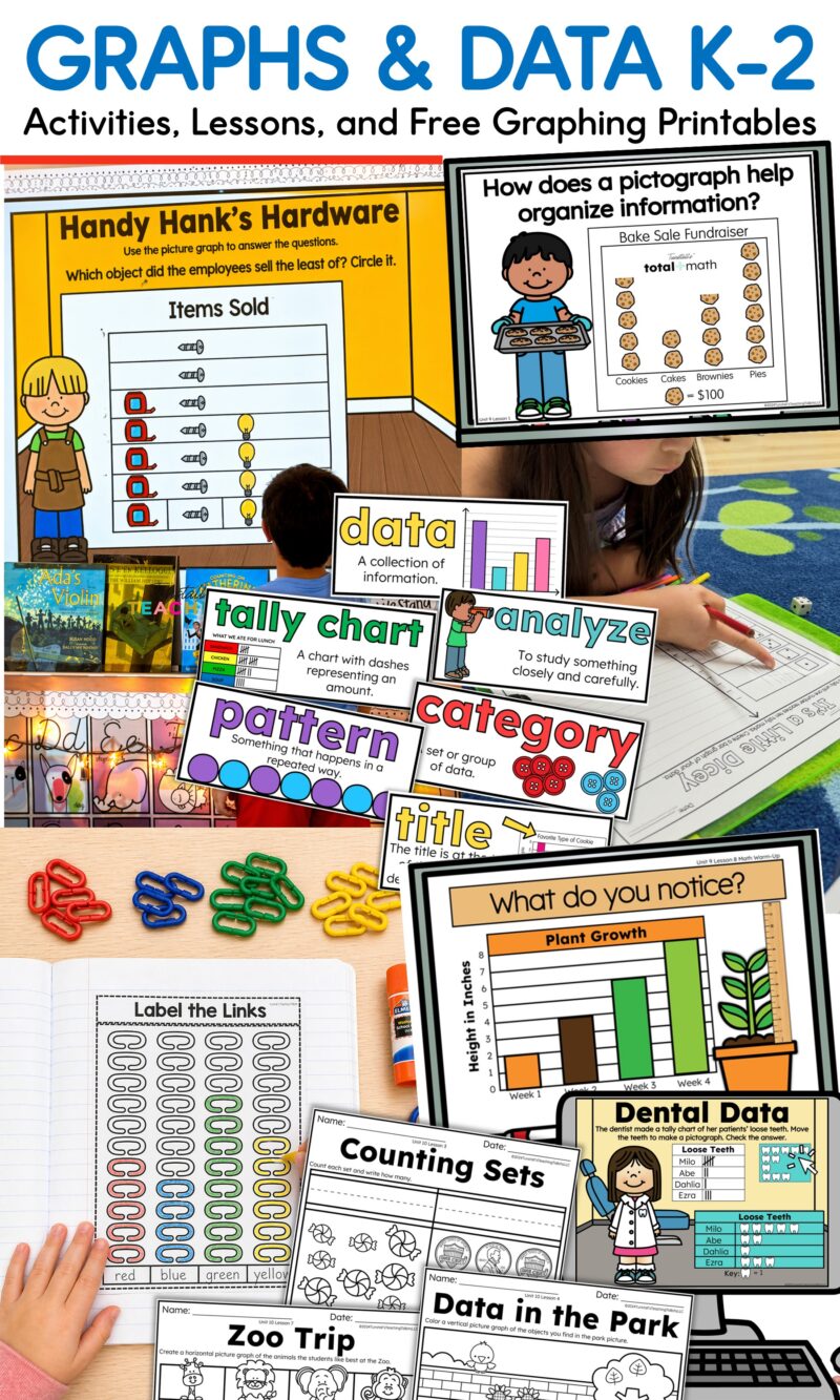 Graphs and data K-2 math activities collage with picture graphs, tally charts, vocabulary cards, and printable worksheets