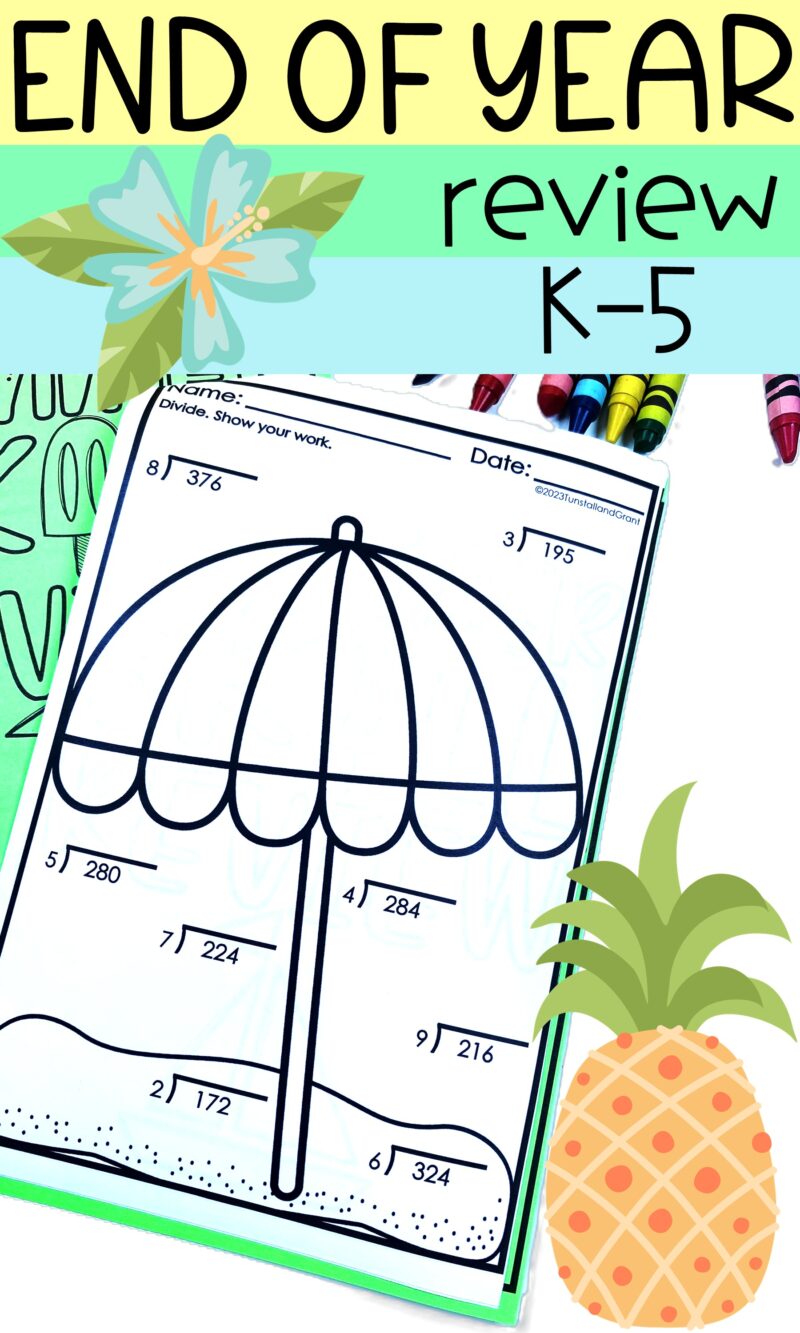 end-of-year End of year math review worksheets for elementary students including division practice for skill review