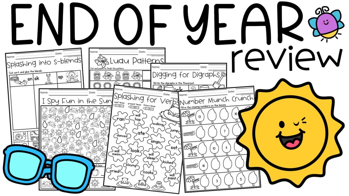 End of year math and literacy review worksheets for elementary students with summer themed skill practice pages