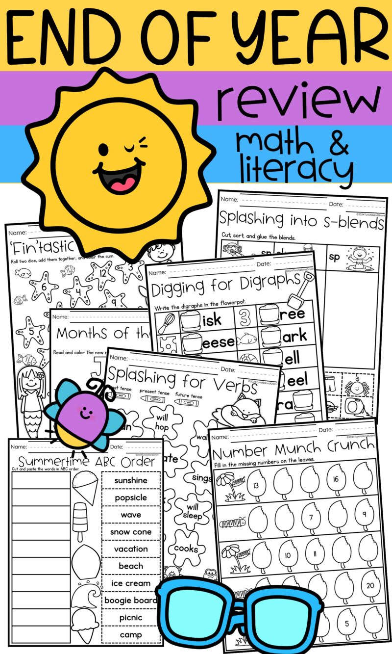 End of year literacy worksheets with phonics digraphs verbs and ABC order for summer skill review
