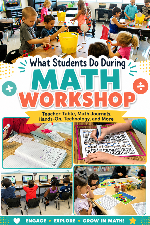 Elementary students working during math workshop with math journals, hands-on stations, technology, and independent math tasks while the teacher meets with small groups.