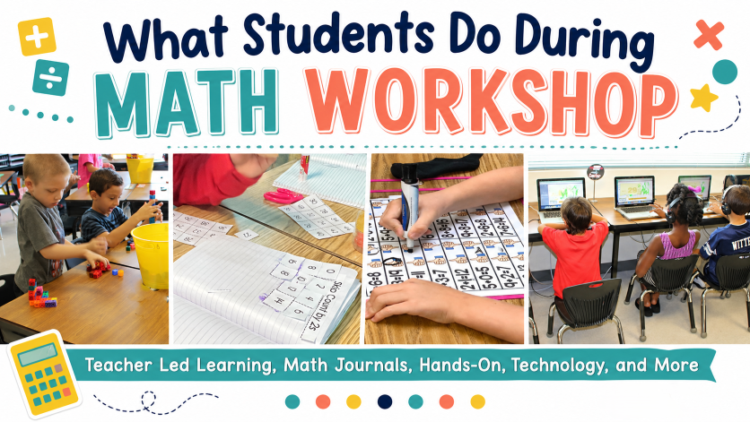 Elementary students working during math workshop with math journals, hands-on stations, technology, and independent math tasks while the teacher meets with small groups.