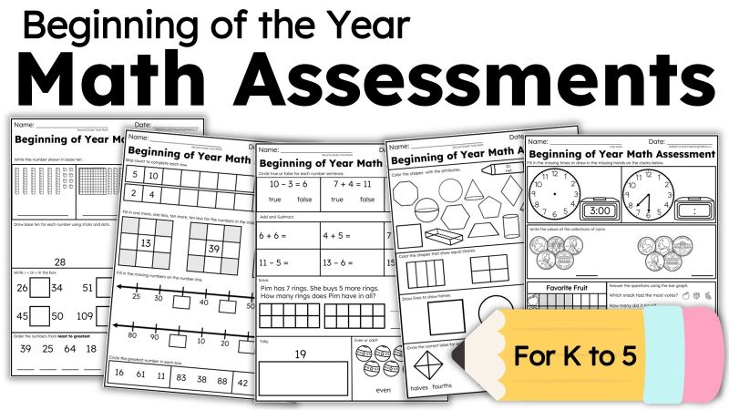Beginning of the year math assessments for K to 5 with printable student pages for reviewing grade-level math skills, tracking student needs, and planning instruction.