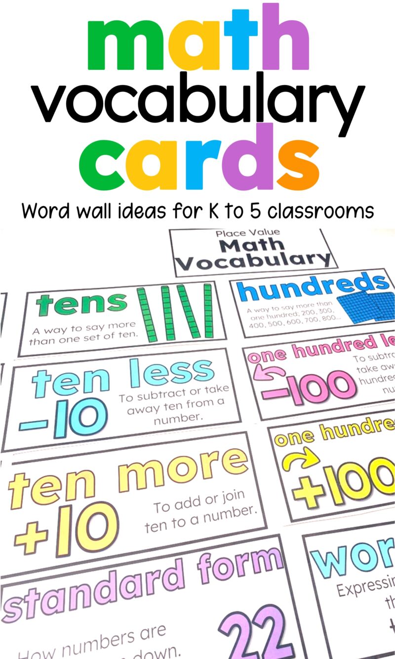 Free math vocabulary card samples for grades K to 2 and grades 3 to 5 with visual math word cards for classroom support.