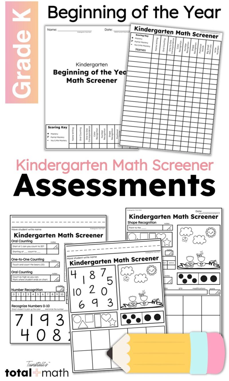 Kindergarten beginning of the year math screener assessments with printable skill pages and a class recording sheet for tracking early math skills.