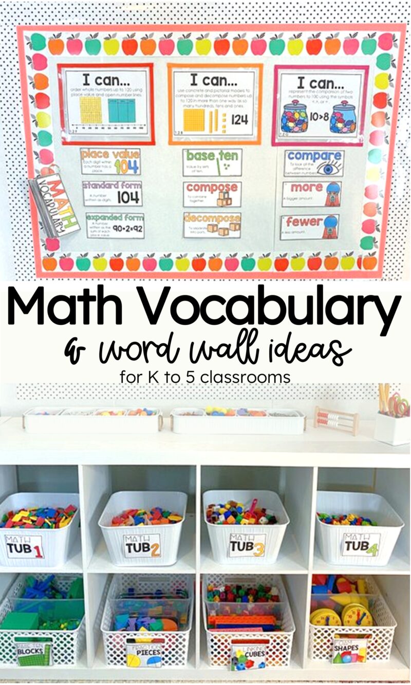 Math vocabulary word wall display above organized math manipulatives and tubs in an elementary classroom.