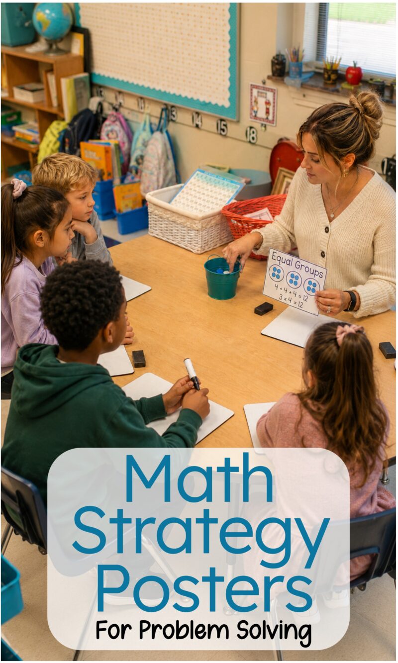 Teacher using an equal groups math strategy poster during small group problem solving instruction with elementary students.