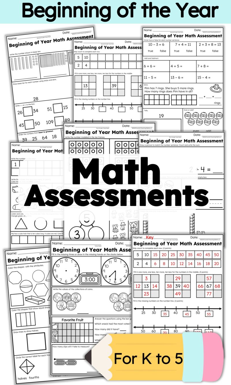 Beginning of the year math assessments for K to 5 with printable student pages, answer keys, and skill checks for number sense, place value, operations, geometry, measurement, and data.
