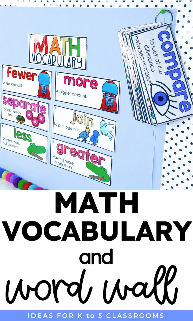Pastel blue bulletin board photo with the math vocabulary cards and ring of cards Alt text: Math vocabulary cards displayed on a pastel blue classroom word wall with comparison cards on a teaching ring.