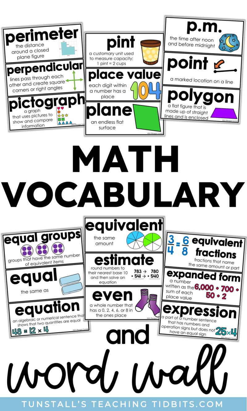 Upper elementary math vocabulary cards for perimeter, place value, equivalent fractions, expanded form, expression, and problem solving language.