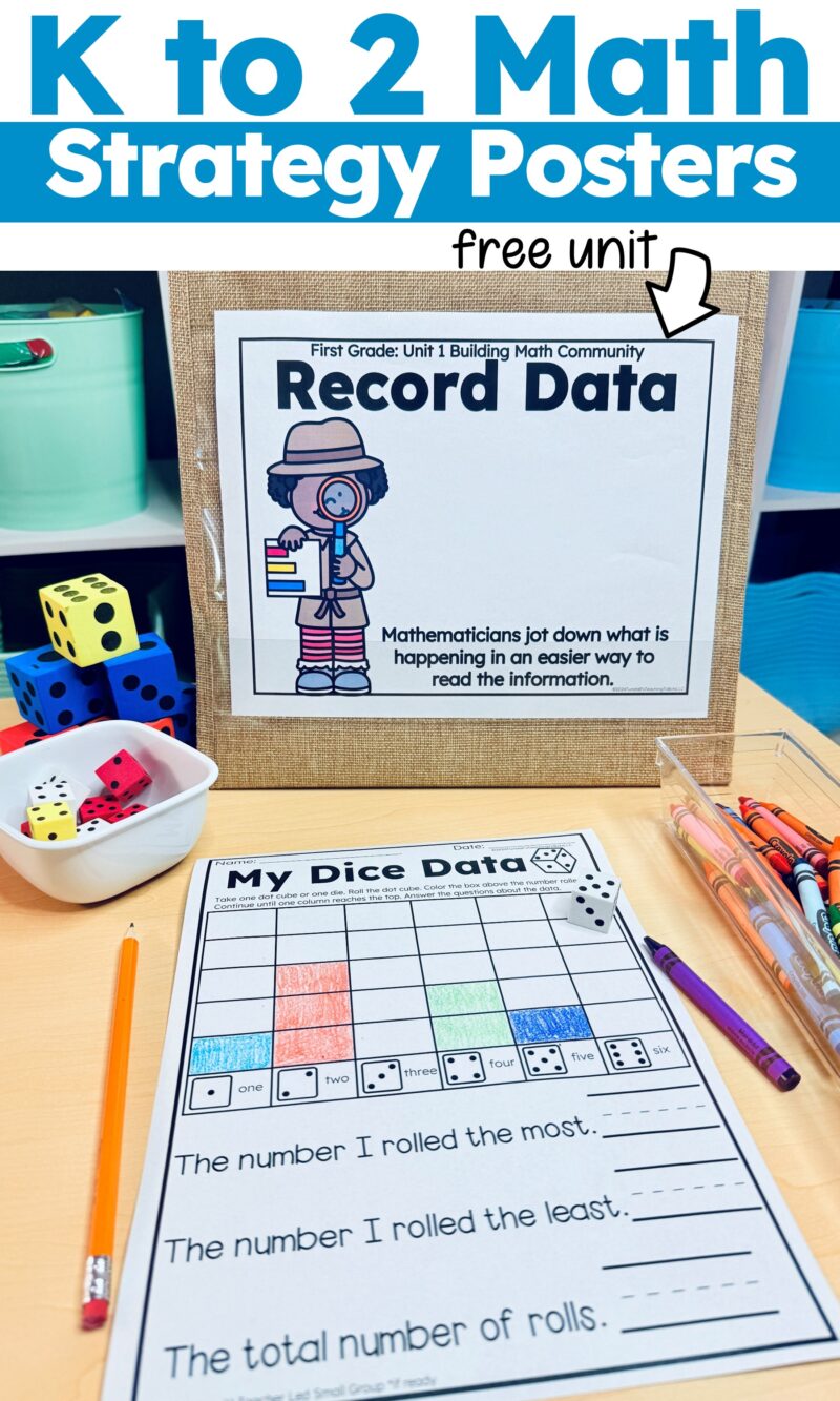 K to 2 math strategy poster displayed with dice, math tools, and a student recording page for a hands-on math activity.