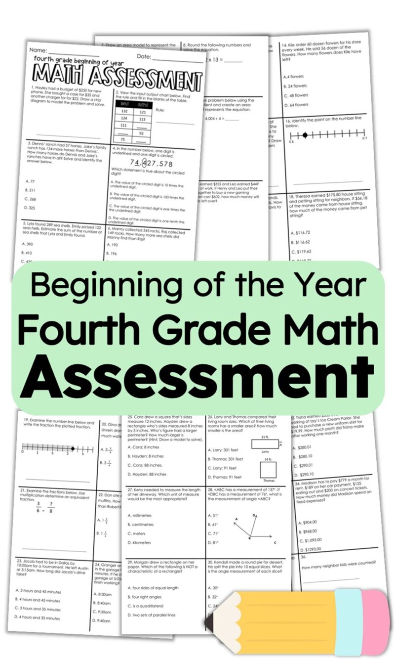 Beginning of the year fourth grade math assessment with printable student pages covering place value, computation, word problems, geometry, fractions, measurement, and data.