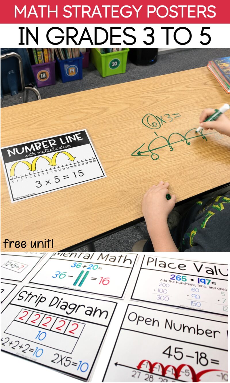 Upper elementary student using a number line multiplication strategy with a math strategy poster for grades 3 to 5.