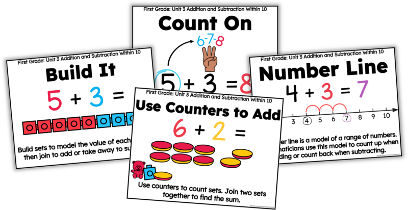 Math Strategies Build It, Count On, Use Counters to Add, Number Line for First Grade