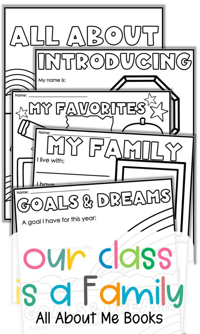 Our Class is a Family all about me book pages with student favorites, family, goals, dreams, and introduction printables.