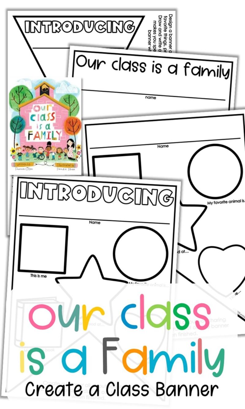 Our Class is a Family class banner activity with student-made introducing pages and printable banner templates for back to school.