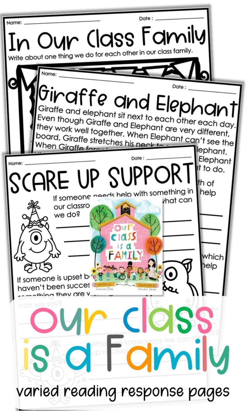 Our Class is a Family class community book activities with student response pages and book companion printables for back to school.
