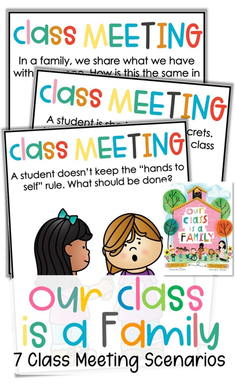 Our Class is a Family class meeting scenarios with discussion prompts for building classroom community after the read-aloud.