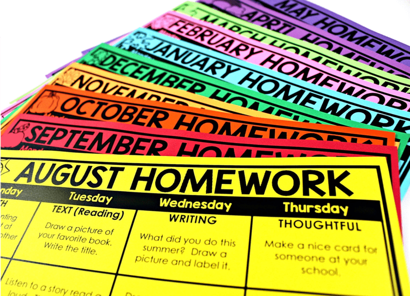 Editable monthly homework calendars for elementary teachers with fully filled cross-curricular homework pages for the school year.