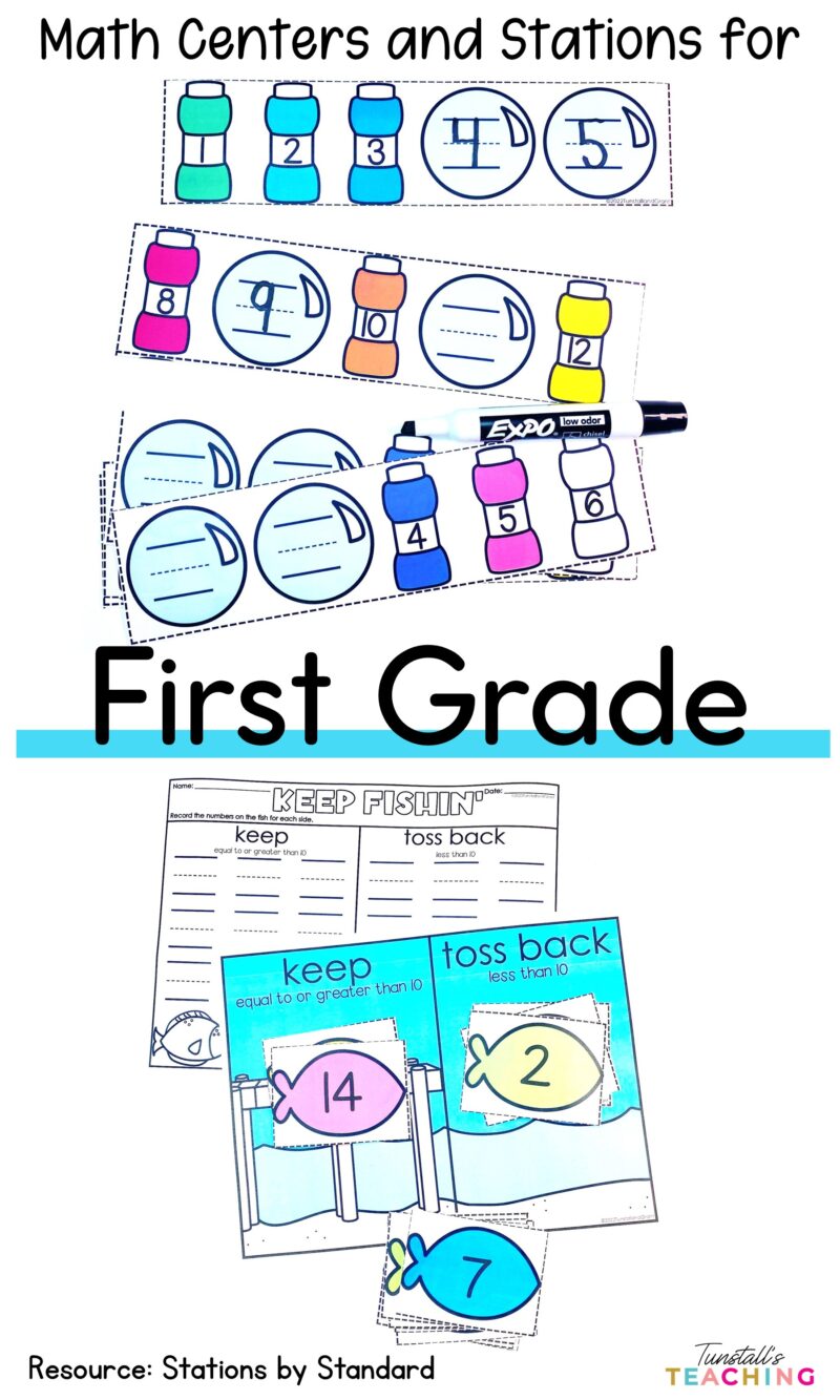 First grade math centers and stations with number order, number writing, comparing numbers, and student recording sheets.