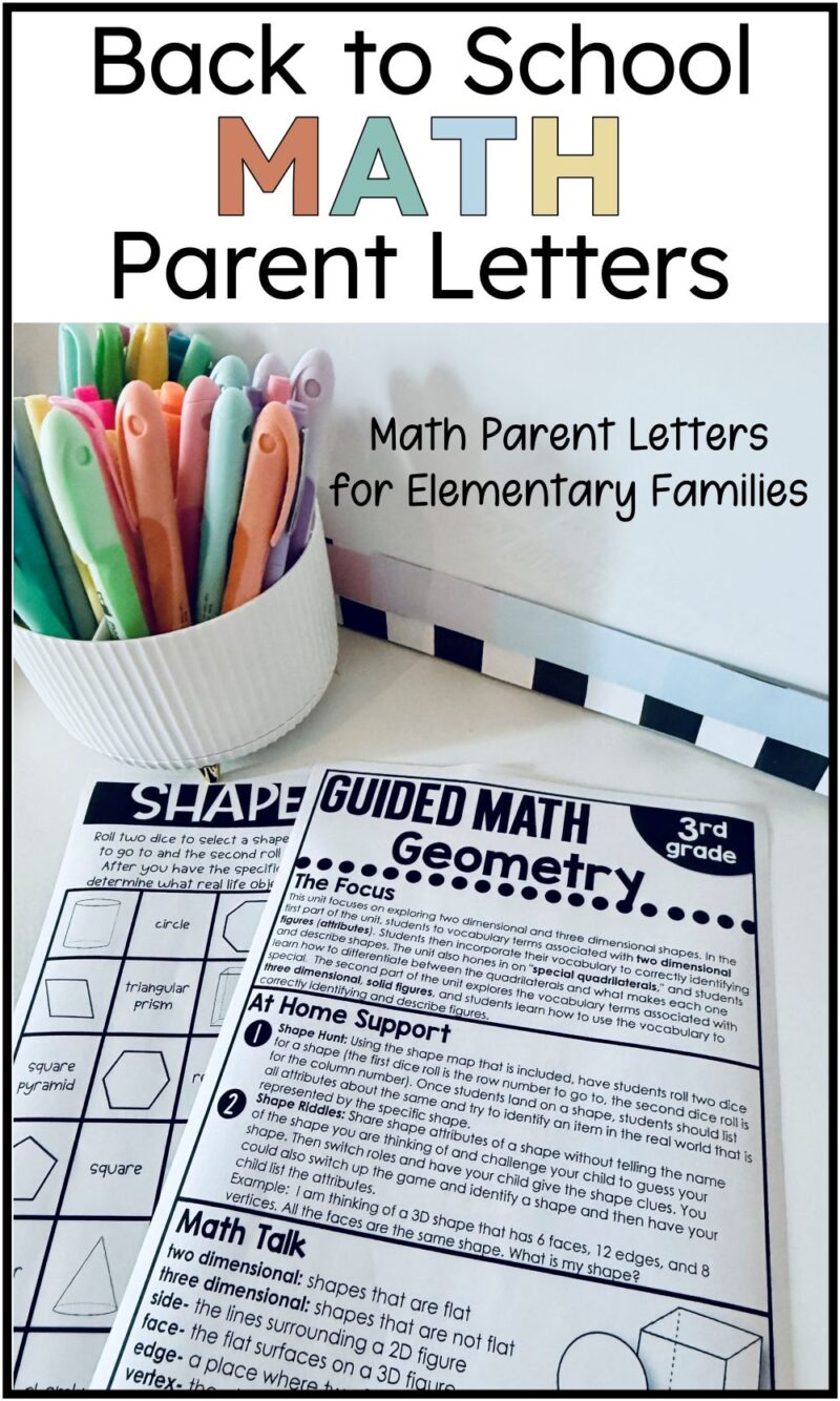 Guided Math Home Connection parent letters with math home support pages for elementary family communication.