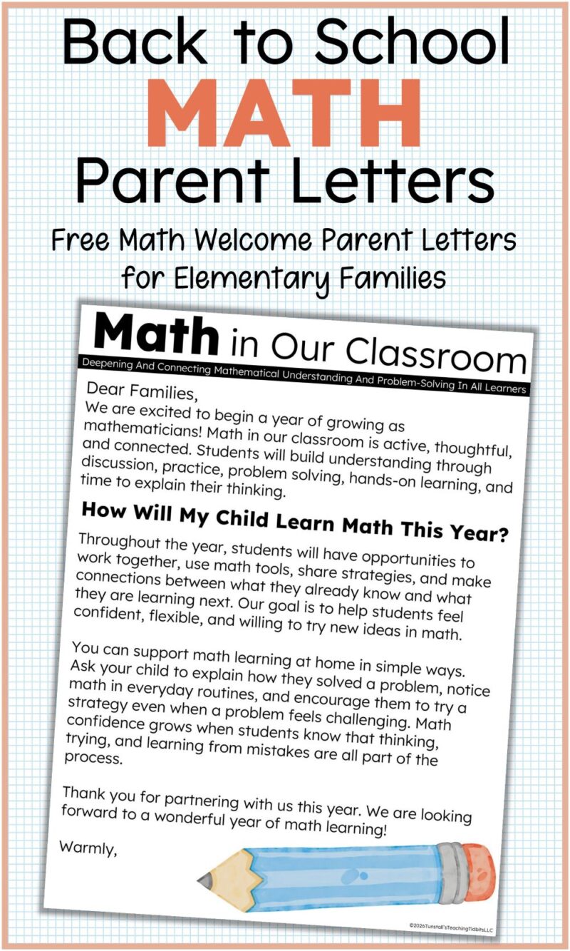 Free back-to-school math parent letter for elementary families with a Math in Our Classroom welcome letter.