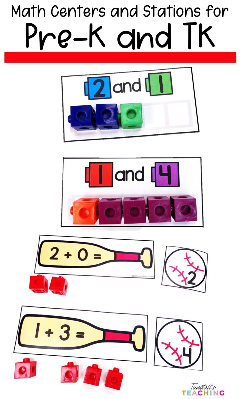 Pre-K and TK math centers and stations with counting cubes, number cards, and hands-on addition activities.