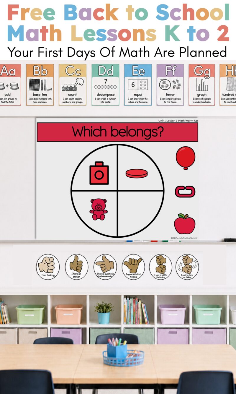 Free back to school math lessons for K to 2 with a classroom math warm-up slide asking students which object belongs.