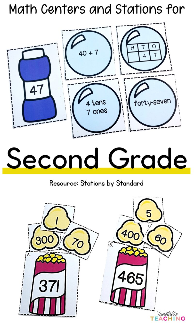Second grade math centers and stations with place value matching cards for standard form, expanded form, word form, and base ten representations.
