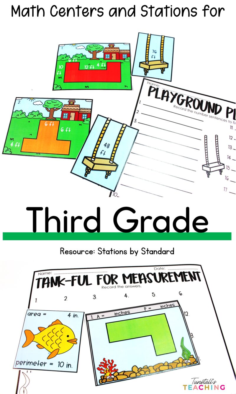 Third grade math centers and stations with measurement task cards, area and perimeter activities, and student recording sheets.