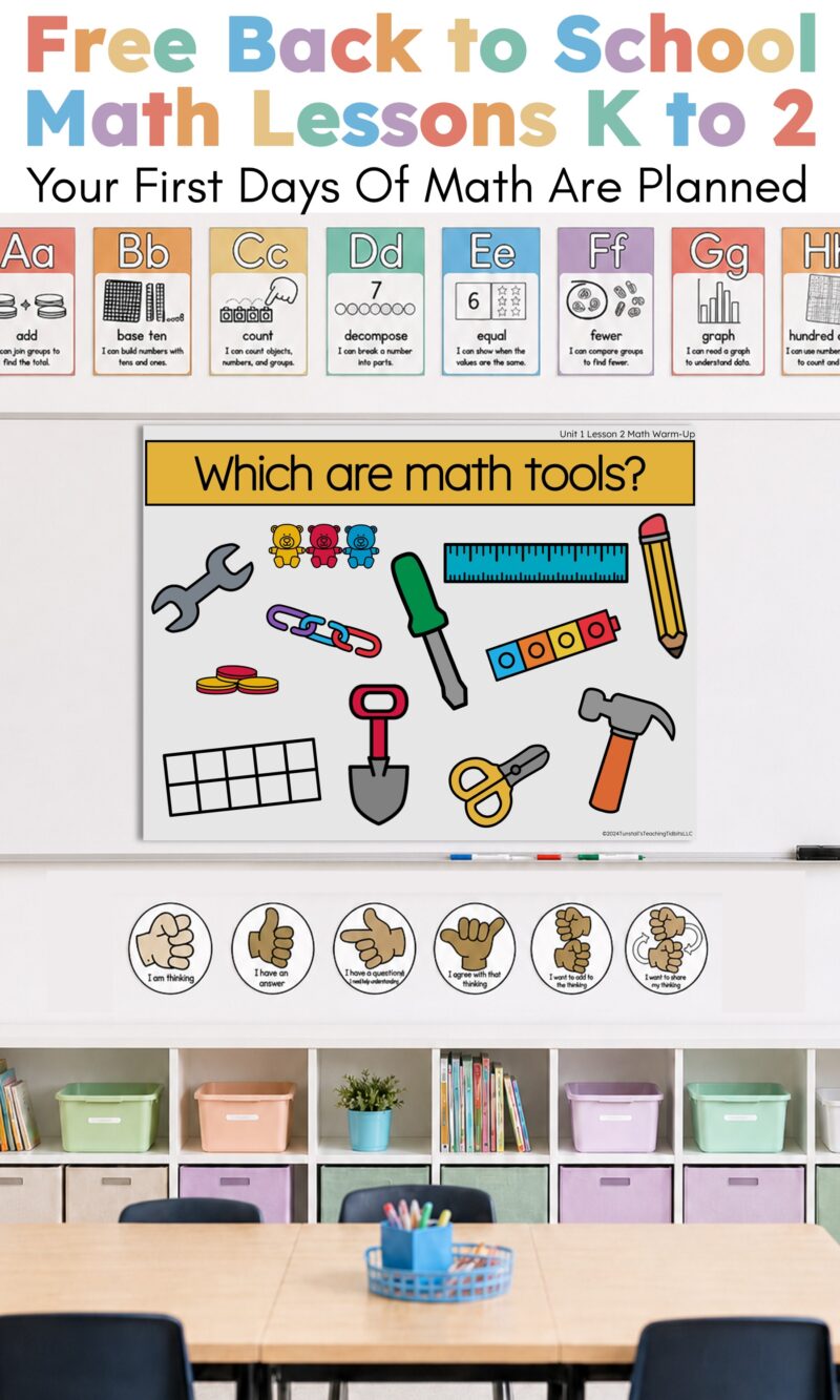 Free back to school math lessons for K to 2 with a math tools warm-up slide for sorting classroom tools and toys.