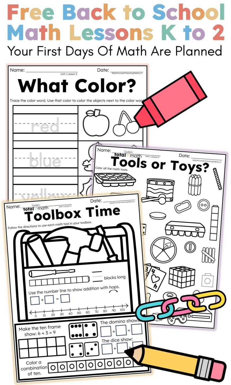 Free back to school math lessons for K to 2 showing printable application pages, math tools, coloring practice, and student skill pages.