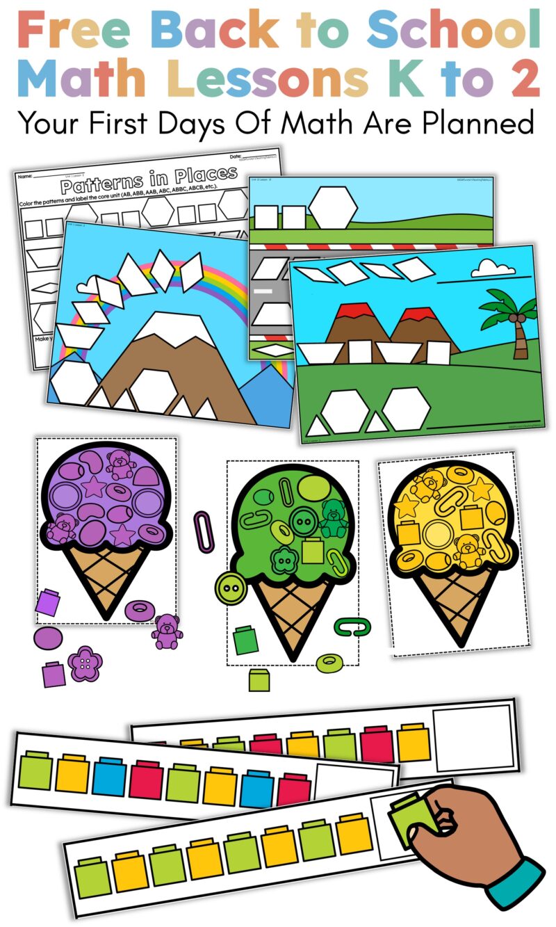 Free back to school math lessons for K to 2 showing hands-on math activities with patterns, sorting, shape mats, and color matching tasks.