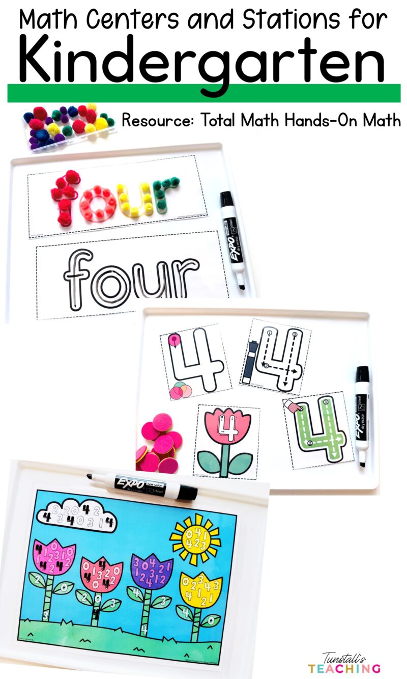 Kindergarten math centers and stations with cactus counting cards, manipulatives, pom poms, tweezers, and number cards.