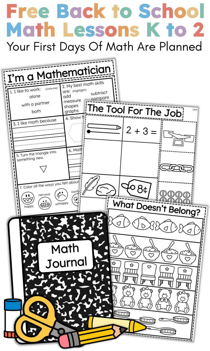 Free back to school math lessons for K to 2 showing math journal pages, student reflection activities, and printable learning log entries.