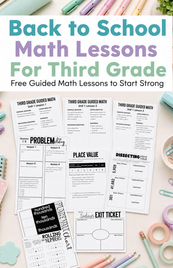 Back to school math lessons for third grade with free Guided Math lesson plans, place value activities, problem of the day, and exit ticket pages.