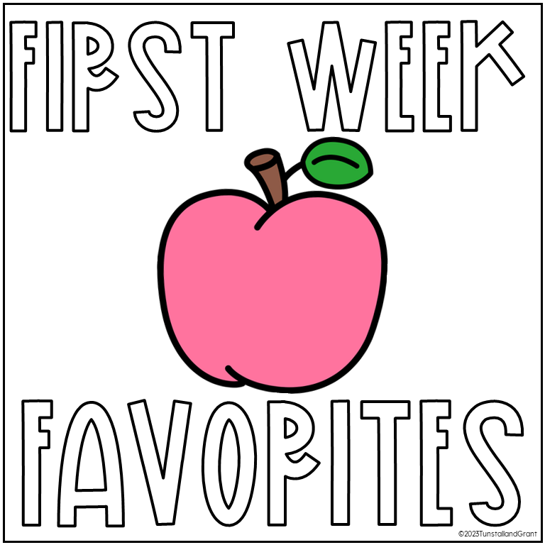 First week favorites cover with a pink apple for an upper elementary first week of school activities resource for grades 3–5.