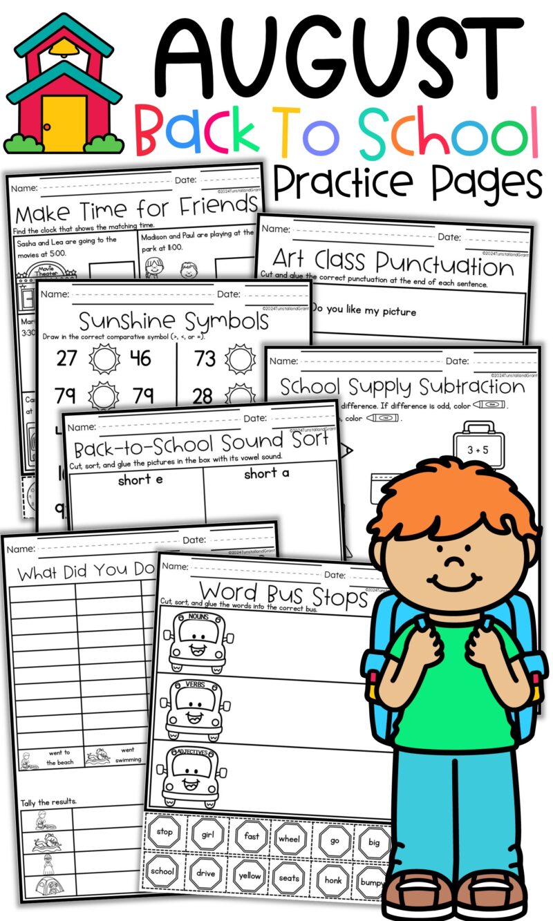 August back-to-school practice pages featuring math, phonics, grammar, graphing, and time activities for K–2 students.
