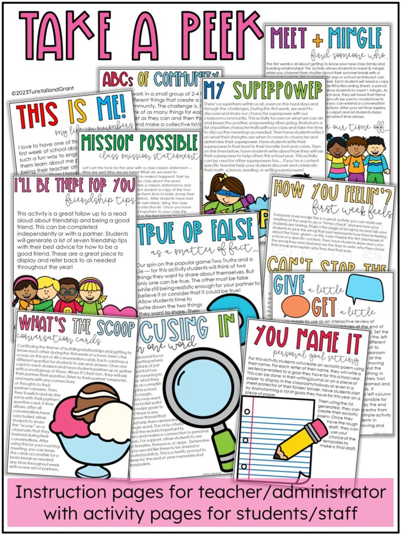 Preview of first week of school activities for grades 3–5 including conversation cards, classroom community, goal setting, student reflection, and writing activities.