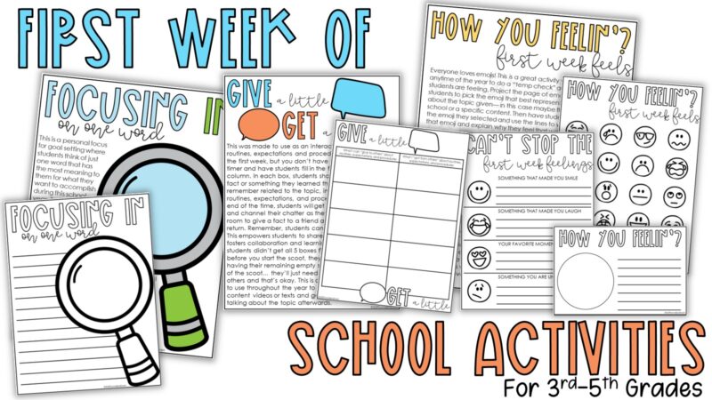 First week of school activities for grades 3–5 featuring one-word goal setting, classroom routines reflection, and first week feelings activities for upper elementary students.