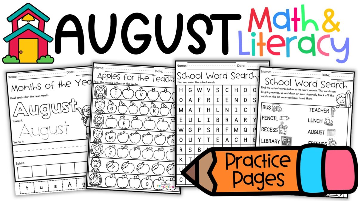 August math and literacy practice pages for K–2 featuring back-to-school word searches, letter practice, and monthly activities.