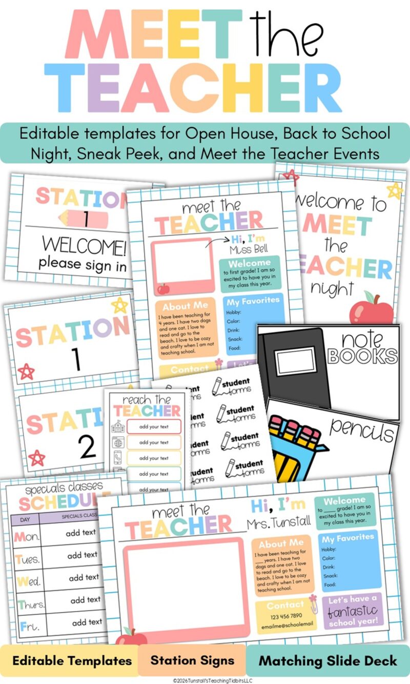 A collection of colorful editable Meet the Teacher templates including station signs, a teacher introduction page, student forms, contact information, a specials schedule, classroom supply signs, and welcome pages.