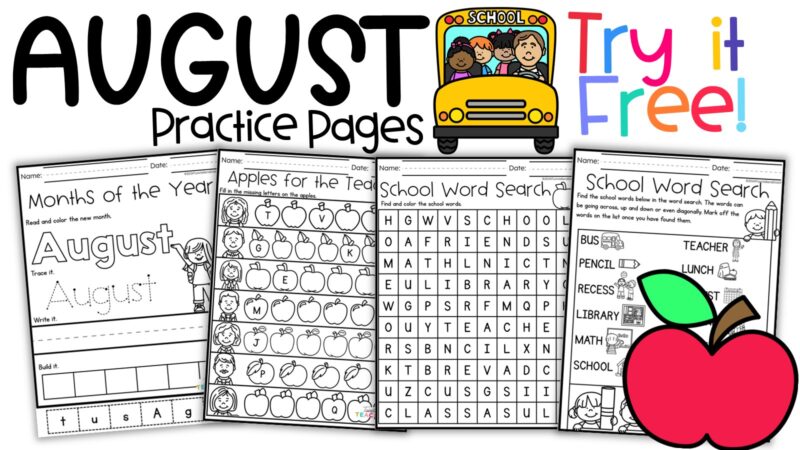 Free August practice pages for K–2 featuring a school bus, apple, month-of-the-year activity, alphabet practice, and back-to-school word searches.