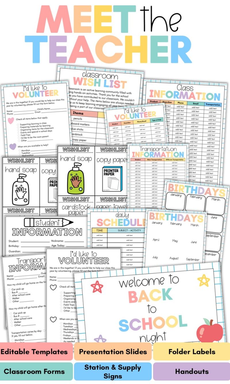 Editable Meet the Teacher classroom forms and handouts including student information, transportation information, volunteer forms, class information, classroom wishlist pages, birthdays, daily schedule, and a Back to School Night welcome sign.