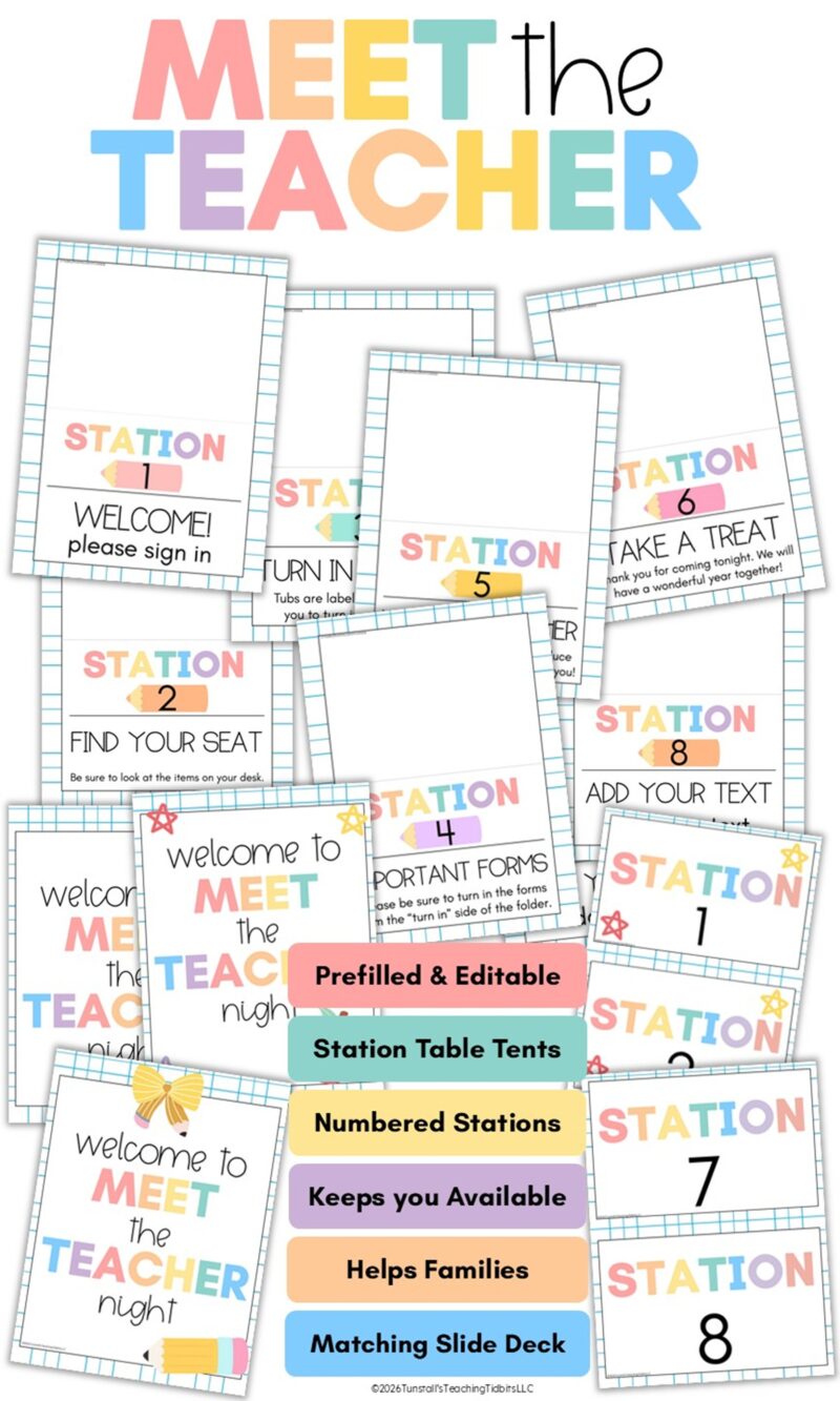 Editable Meet the Teacher station signs and table tents with numbered stations for signing in, finding seats, completing forms, turning in materials, and adding custom directions, plus matching welcome signs.