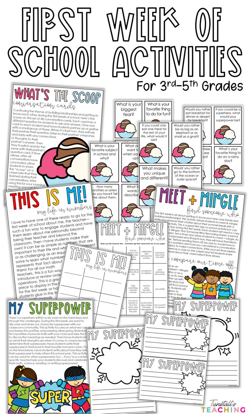 Upper elementary first week of school activities with conversation cards, Meet and Mingle, My Life in Numbers, and student strengths reflection for grades 3–5.