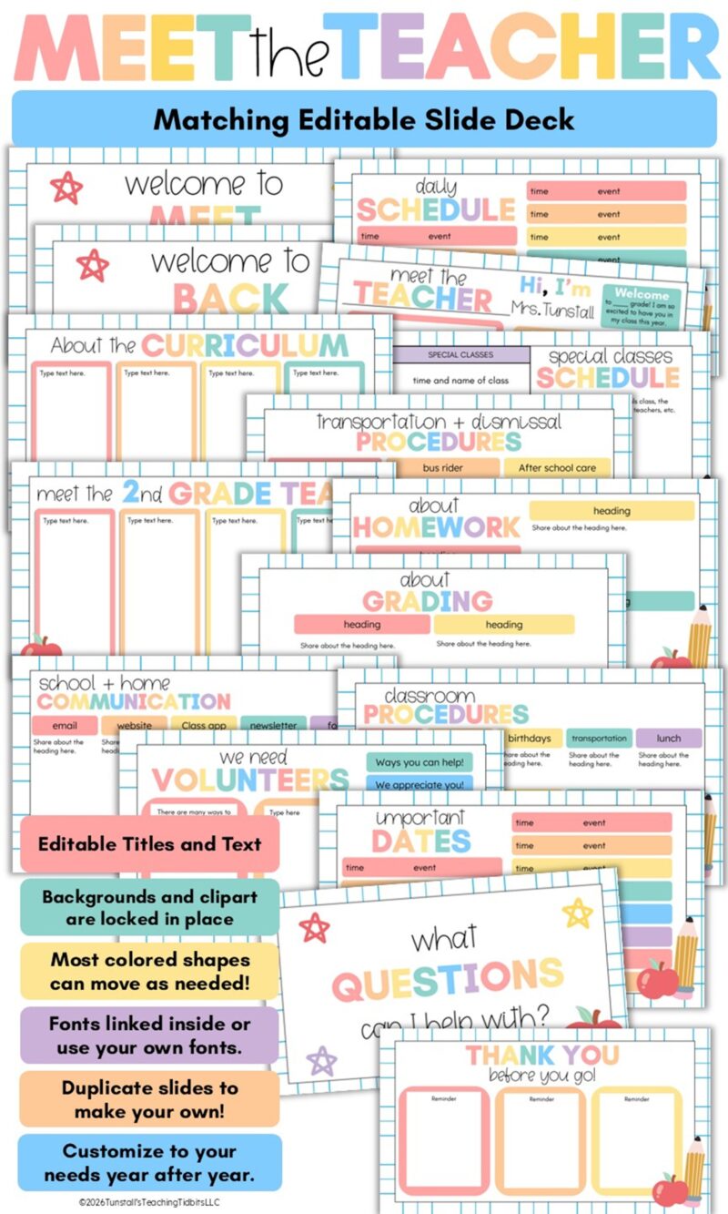 A matching editable Meet the Teacher slide deck with presentation pages for welcome, daily schedule, teacher introduction, curriculum, grade-level team, transportation and dismissal, homework, grading, communication, classroom procedures, volunteers, important dates, questions, and thank-you reminders.