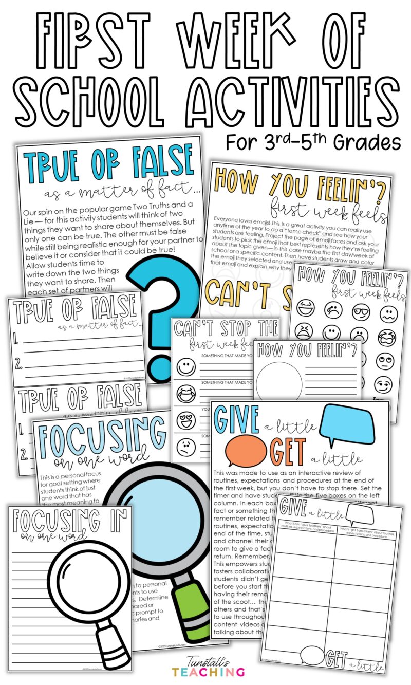 First week of school activities for grades 3–5 featuring True or False, first week feelings, one-word goal setting, and classroom routine reflection pages.